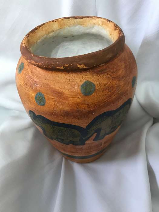Pottery Vase orange Hand painted elephants
