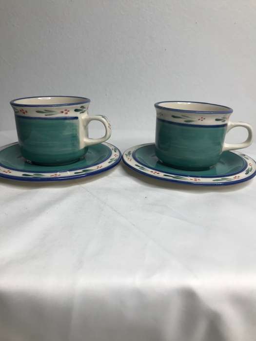 Hand Made Espresso Cups and Saucer signed by the maker hand painted set of 2