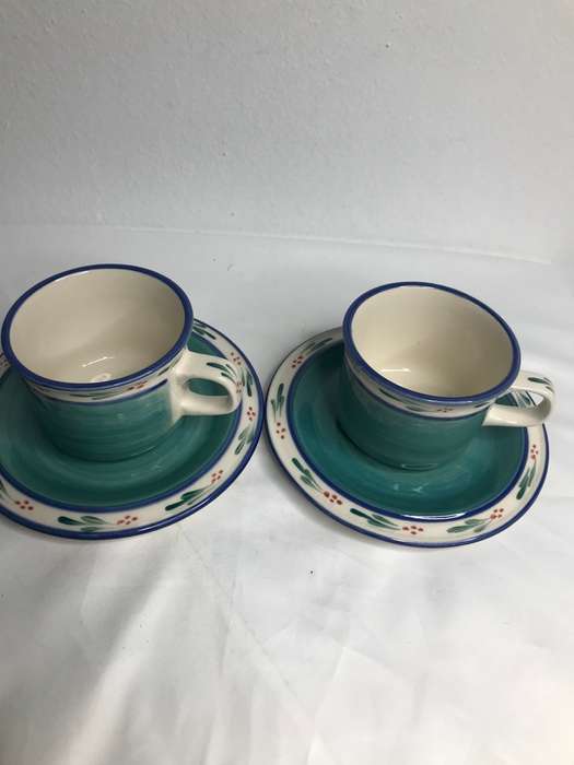 Hand Made Espresso Cups and Saucer signed by the maker hand painted set of 2