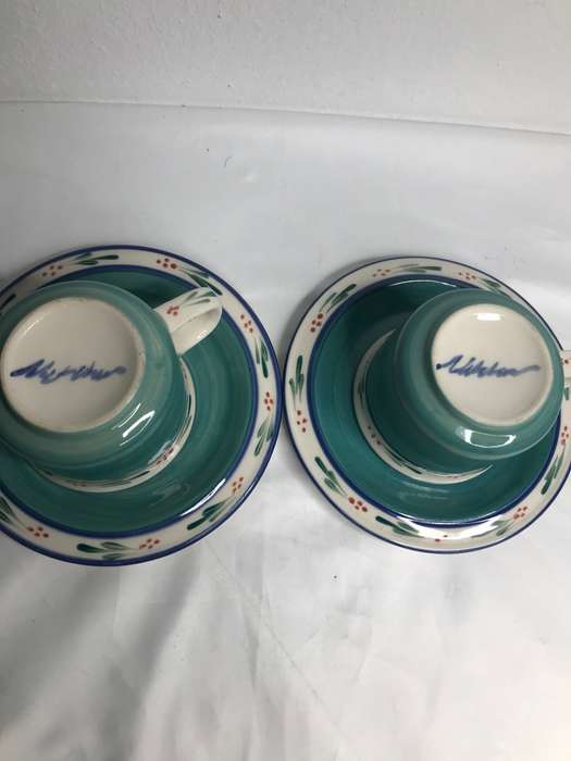 Hand Made Espresso Cups and Saucer signed by the maker hand painted set of 2