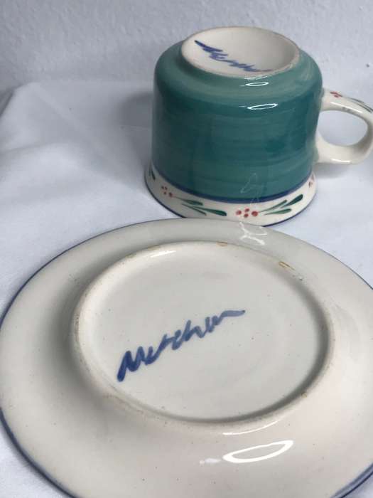 Hand Made Espresso Cups and Saucer signed by the maker hand painted set of 2