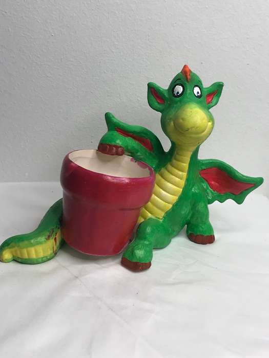 Planter Flower Pot with Dragon Statue Attached Pottery Hand made and Painted Lovely gift