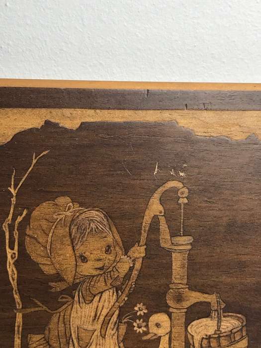 Wood Art Picture of Girl Drawing Water Etched and Carved Unique and Rare signed at back