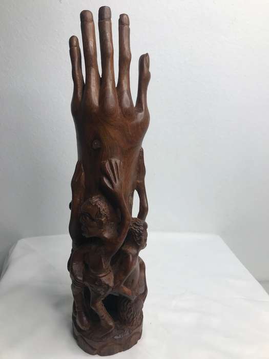 Wood Art Hand Carved Sculpture in Ebony one Piece Family holding up a Hand 35cm x 10cm