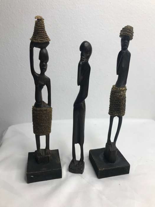 Wood Art Statues Hand Carved two African men and one African woman Two with Beads 20-23cm