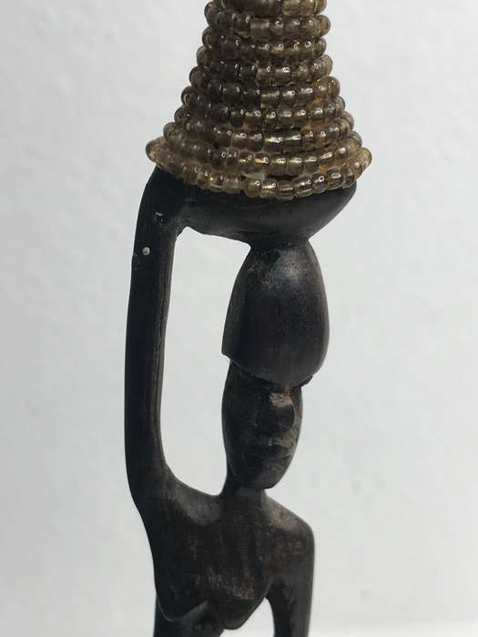 Wood Art Statues Hand Carved two African men and one African woman Two with Beads 20-23cm