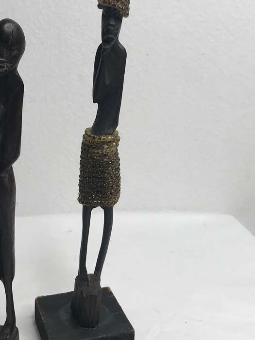 Wood Art Statues Hand Carved two African men and one African woman Two with Beads 20-23cm