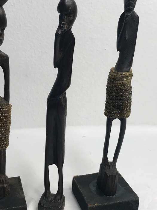 Wood Art Statues Hand Carved two African men and one African woman Two with Beads 20-23cm