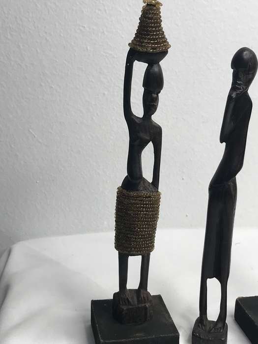 Wood Art Statues Hand Carved two African men and one African woman Two with Beads 20-23cm