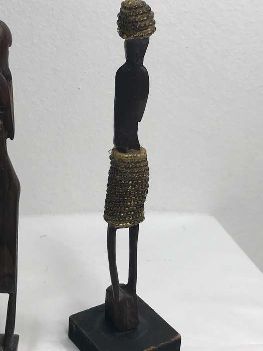Wood Art Statues Hand Carved two African men and one African woman Two with Beads 20-23cm