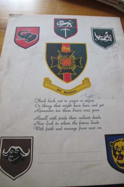 RHODESIA - BUSH WAR - 9TH BATTALION RHODESIA REGIMENT SIGNED BY COMMANDING OFFICER