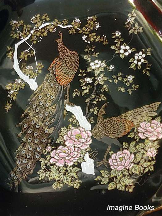 Japanese Otagiri Black Lacquerware Plate with Peacock and Flowers