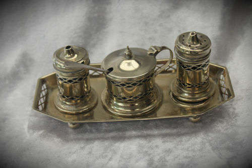 Vintage EPNS Salt Pepper and Mustard set with spoon One blue Glass liner missing England