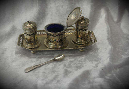 Vintage EPNS Salt Pepper and Mustard set with spoon One blue Glass liner missing England