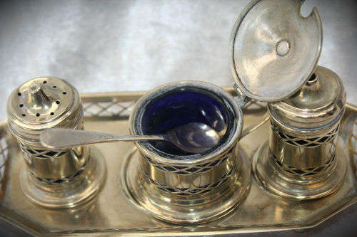 Vintage EPNS Salt Pepper and Mustard set with spoon One blue Glass liner missing England