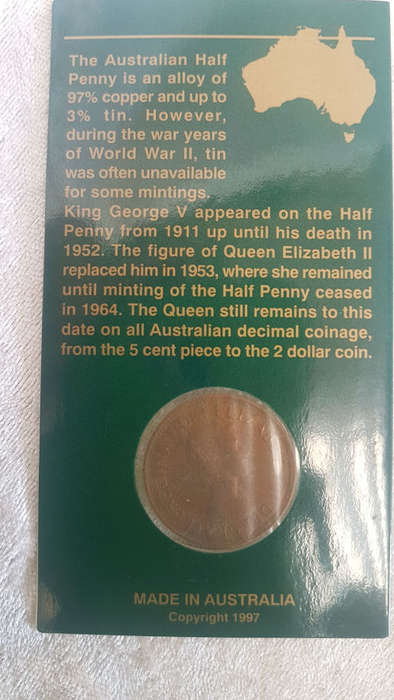 Collector Coin 1962 Australian Half Penny mounted on Card