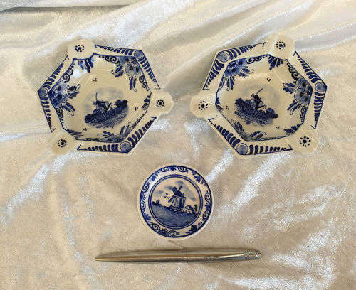 2 Antique Delft  Ashtrays 115mm  and small Delft tray 61mm- Made in Holland
