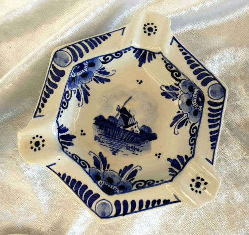 2 Antique Delft  Ashtrays 115mm  and small Delft tray 61mm- Made in Holland