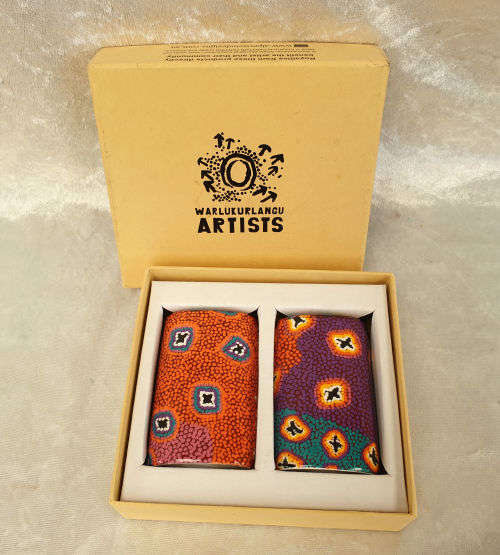 RUTH STEWART SALT & PEPPER set Aboriginal Art from Warlukurlangu Artists- Unused Boxed