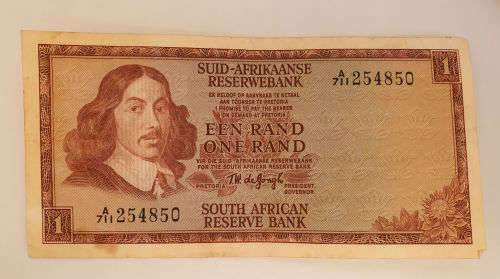 1968-1972 -1 Rand Afrikaans - English- Signature T.W. de Jongh