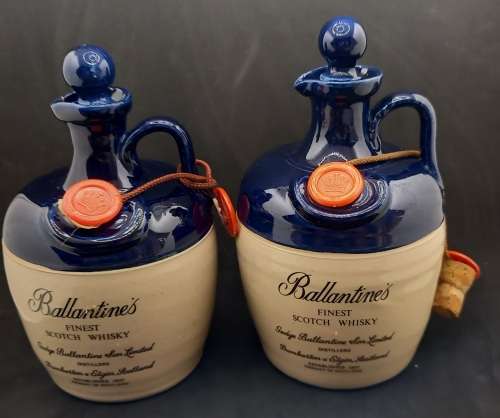2 Vintage Original Ceramic Ballantine's Scotch Whisky Decanters -Cobalt Blue -