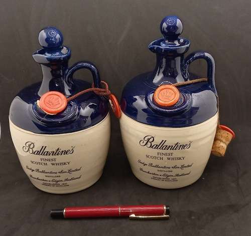 2 Vintage Original Ceramic Ballantine's Scotch Whisky Decanters -Cobalt Blue -