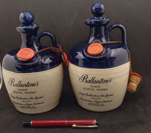 2 Vintage Original Ceramic Ballantine's Scotch Whisky Decanters -Cobalt Blue -