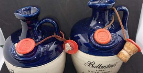 2 Vintage Original Ceramic Ballantine's Scotch Whisky Decanters -Cobalt Blue -
