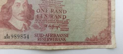 1973 1 Rand -English - Afrikaans - T.W. De jongh-Springbok Watermark