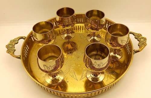 Vintage  Brass Tray 30x260x203mm with 6 Goblets  60x42mm