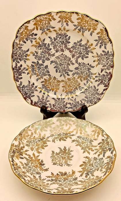 Vintage Genuine Bone China Vale trio made in Longton England white and gold