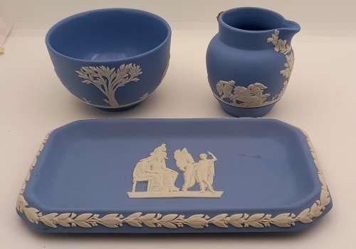 Vintage Blue  `Wedgwood` Jasperware Bowl, Tray and Creamer( ear Damaged )