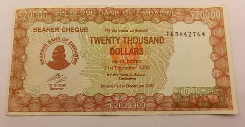 2003-  Zimbabwe 20 000 Dollars Emergency Bearer Cheque (Uncirculated)