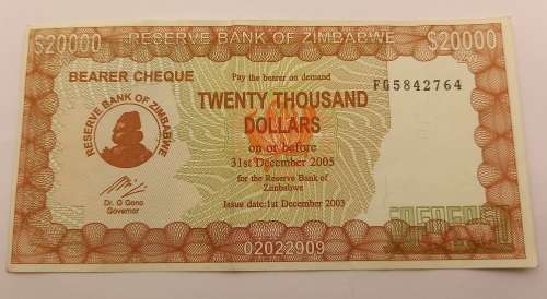 2003-  Zimbabwe 20 000 Dollars Emergency Bearer Cheque (Uncirculated)