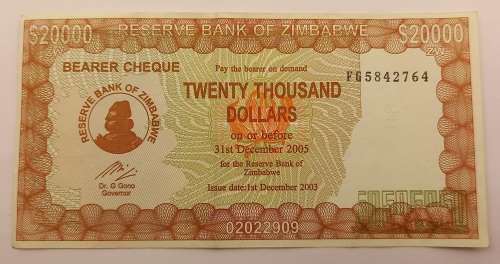 2003-  Zimbabwe 20 000 Dollars Emergency Bearer Cheque (Uncirculated)
