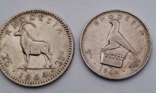 1964 Rhodesia coins 25c(2½ Shillings ),20c( 2 Shillings),10c(1 shilling)and sixpence