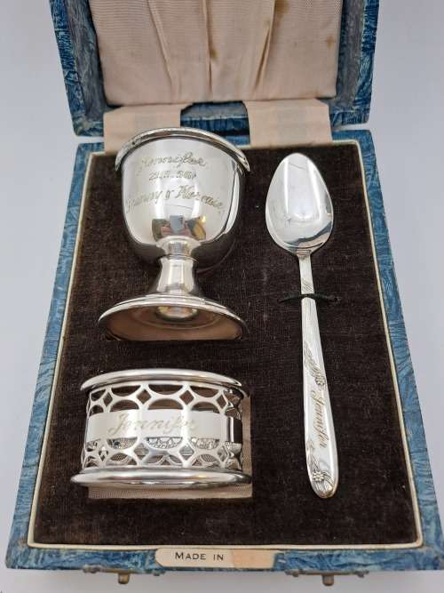 Vintage 1950's Boxed Silver-Plate Christening set (engraved Jennifer)