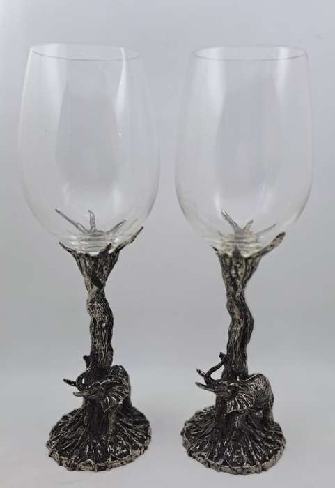 Beautiful Original Artwork By Andy C -Designer Wine Glasses with metal stems (Elephants)