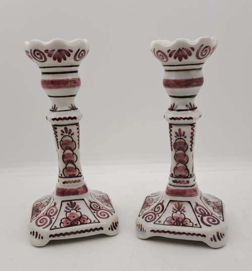 2 Vintage 328 Delfts Rood Porcelain Candle Sticks 142mm -Made in Holland