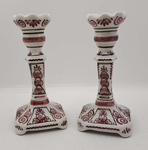 2 Vintage 328 Delfts Rood Porcelain Candle Sticks 142mm -Made in Holland