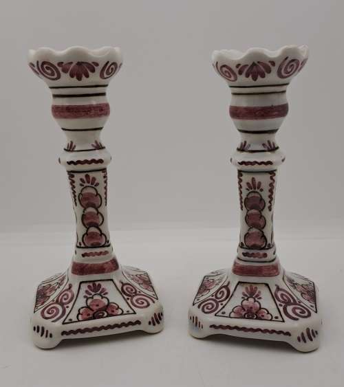 2 Vintage 328 Delfts Rood Porcelain Candle Sticks 142mm -Made in Holland