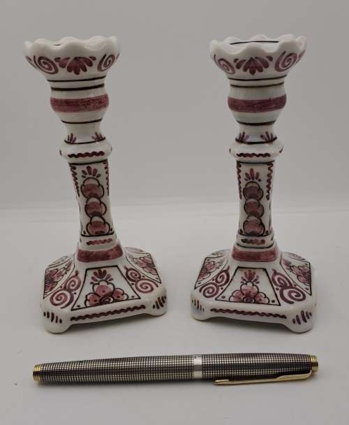2 Vintage 328 Delfts Rood Porcelain Candle Sticks 142mm -Made in Holland