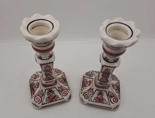 2 Vintage 328 Delfts Rood Porcelain Candle Sticks 142mm -Made in Holland