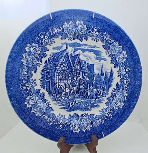 Large Vintage Blue & White Porcelain Plate Coaching Scene  28cm