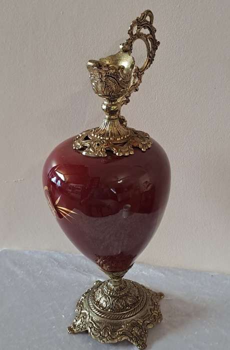 Beautiful Large Antique Brass and Glass Mantle Ewer -41cm Tall
