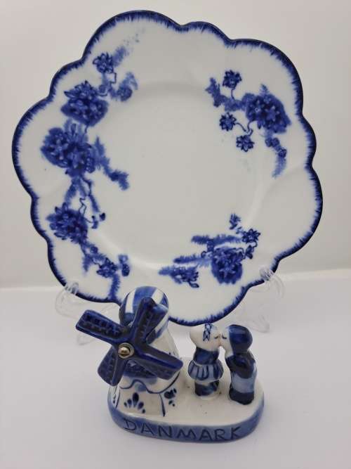 Unmarked Blue and White Porcelain Windmill with Kissing Couple Denmark and Plate