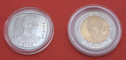 South Africa 2000 & 2008 90th Birthday Mandela R5 Coins -Encapsuled -Uncirculated