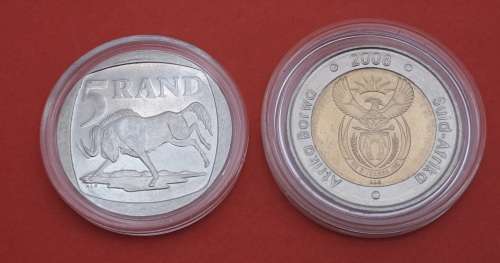 South Africa 2000 & 2008 90th Birthday Mandela R5 Coins -Encapsuled -Uncirculated