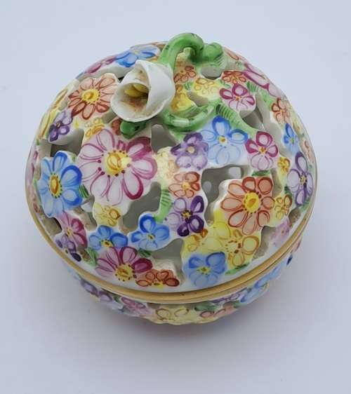 Vintage Herend Hvngary Hand Painted reticulated Floral Porcelain Trinket box/Possibly for potpourri.