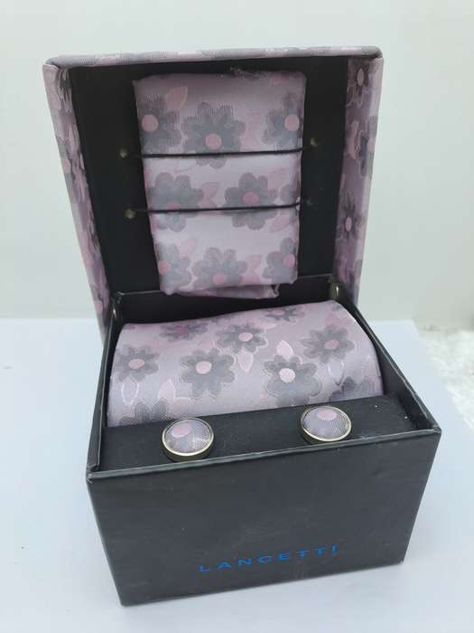 Unused - LANCETTI Italian Designer Tie, Design Hanky & Cufflinks Gift Set -Boxed